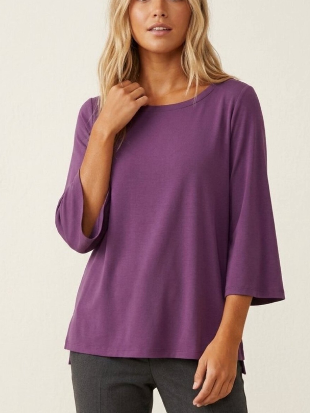 Eileen Fisher Curan Signature Viscose Jersey Jewel Neck Top Large 54778